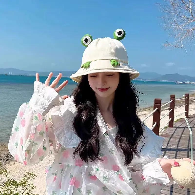 Japanese Style Cute Frog Fisherman Bucket Hat - Large Head Summer Sun Protection