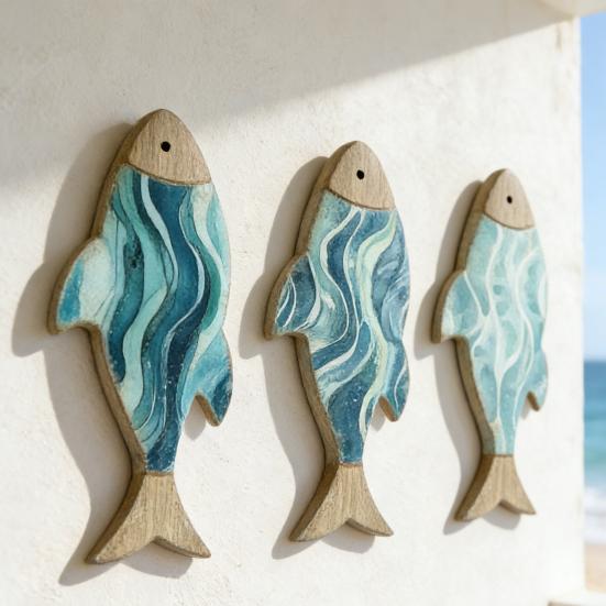 3 Pcs Wooden Fish Wall Decor Nautical Coastal Theme Wall Art Vintage Beach Blue Fish Wall Sculpture for Lake House Bathroom Bedroom Decor