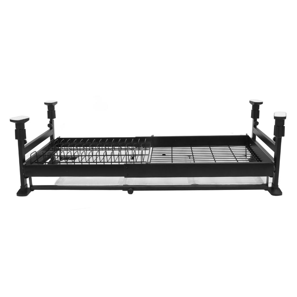 2 Tier Large Dish Rack Pull Out Double Layer Dish Drying Rack with Drain Tray for Kitchen Black