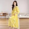 V-Neck Yellow Floral Tencel Chiffon Dress for Beach Vacation