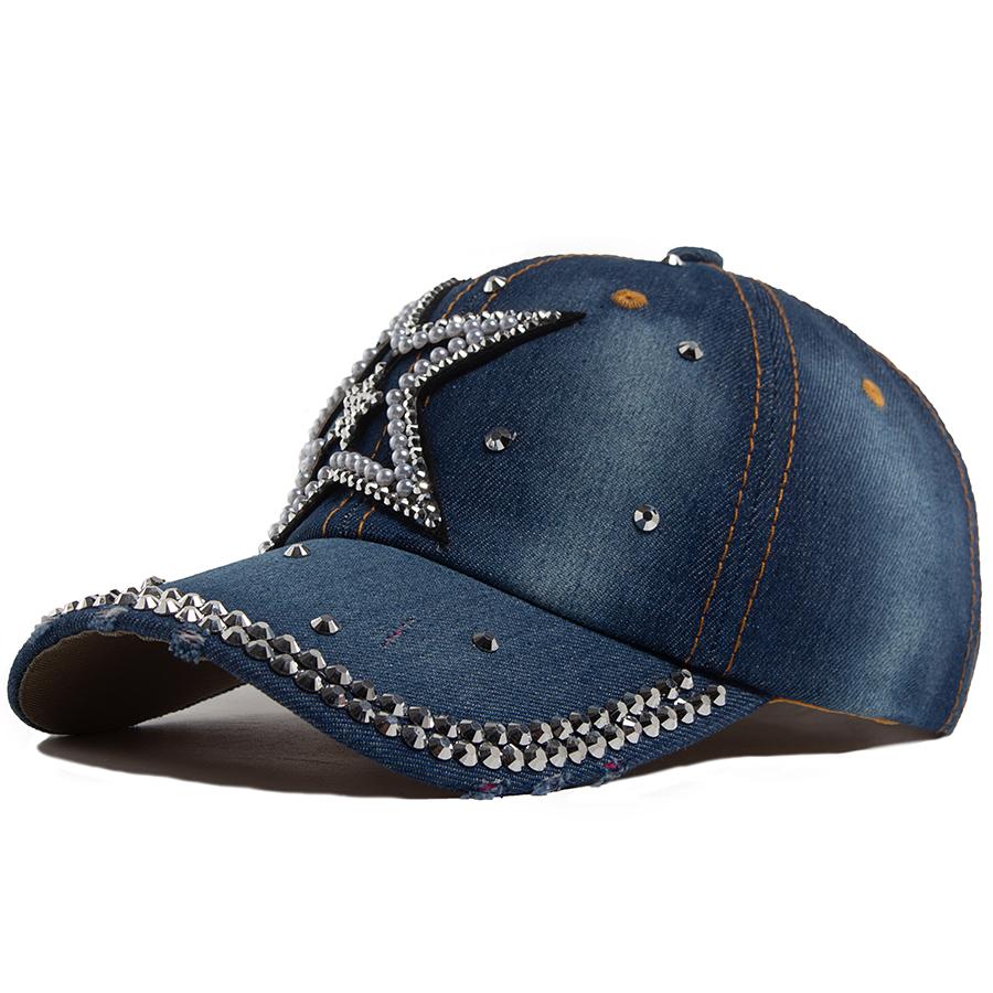 Y2K Pentagram Denim Cloth Baseball Cap Women Fashion Vintage Snapback Men Female Hip Hop Shiny Rhinestone Hat For Spring Autumn