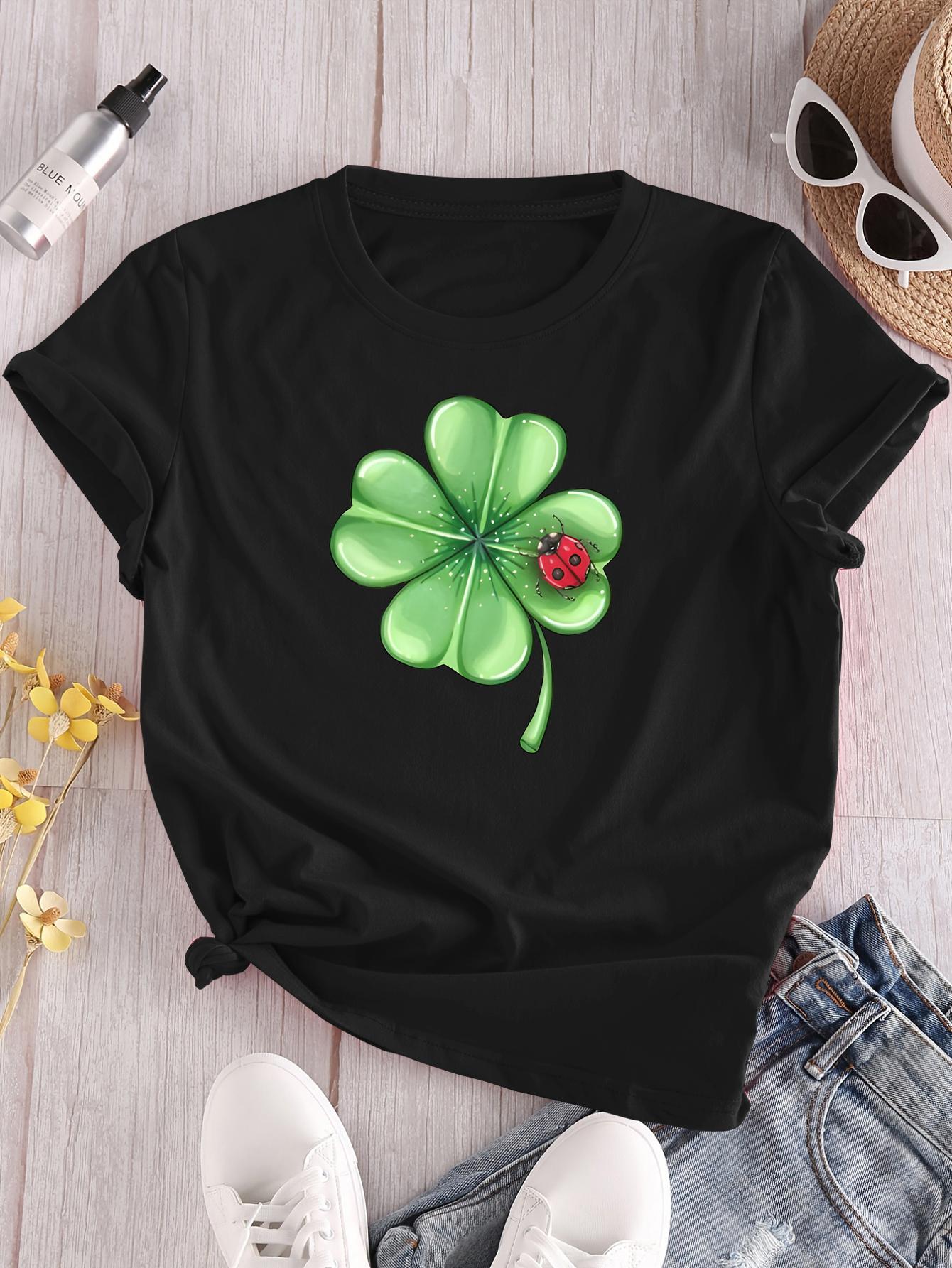 

Женская футболка с принтом божьей коровки и клевера, топ с коротким рукавом и круглым вырезом, графические футболки 4XL