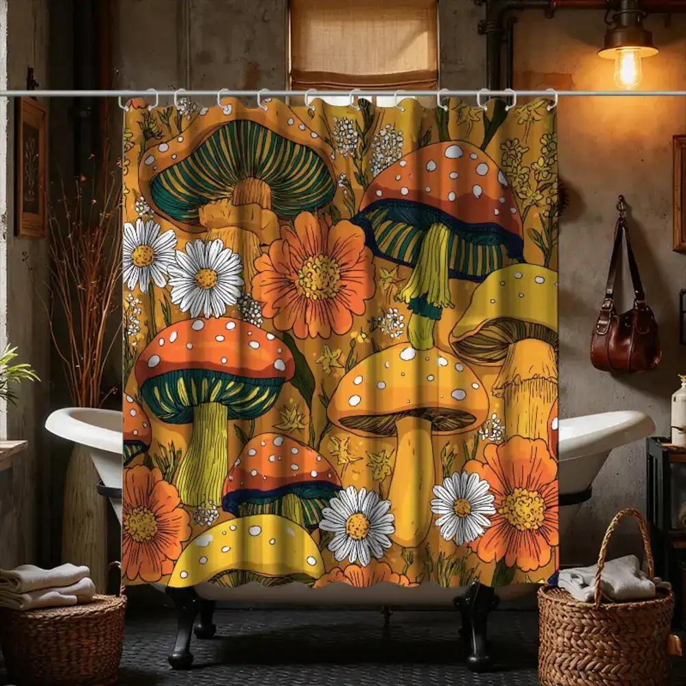 1pc Bathroom Shower Curtain, Wild Mushroom Picking and Cooking Day, Mushroom Picking Festival Shower Curtain, Includes 12 Hook 90x180cm