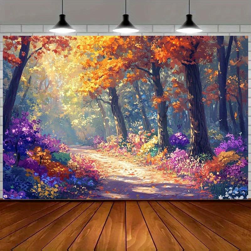 A Colorful Backdrop of an Autumn Forest Trail, Featuring Flowers, Autumn-themed Decorations and a Photography Background