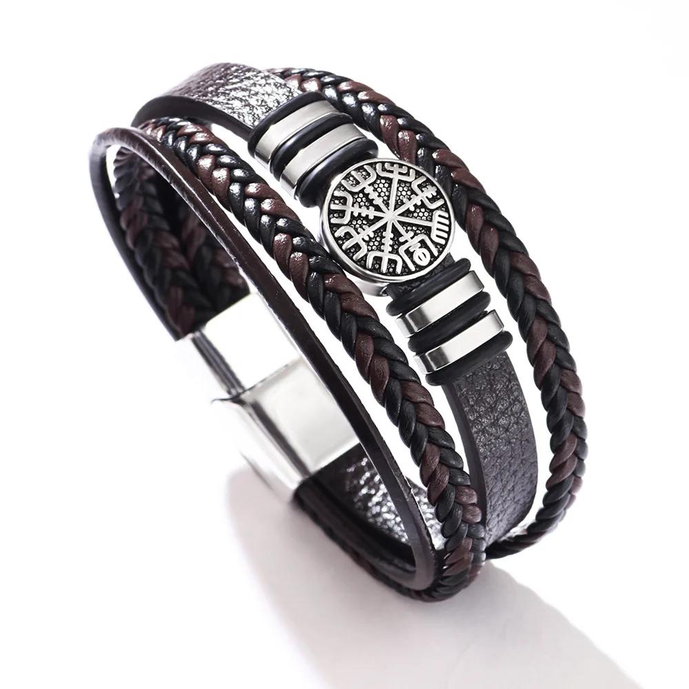Trendy Norse Viking Men Bracelet Fashion All-match Multi-layer Braided Leather Bracelets Scripture Compass Birthday Party Gifts