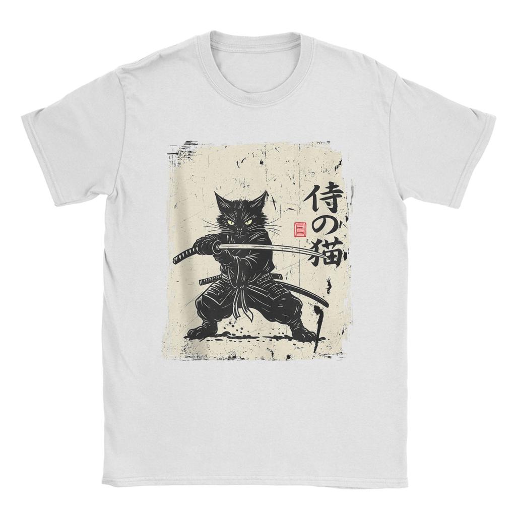 Vintage Anime Cat Japanese Art Funny Samurai Cat T Shirts Unisexs Cotton Vintage TShirt Round Neck Tees Short Sleeve Tops 5XL 6XL