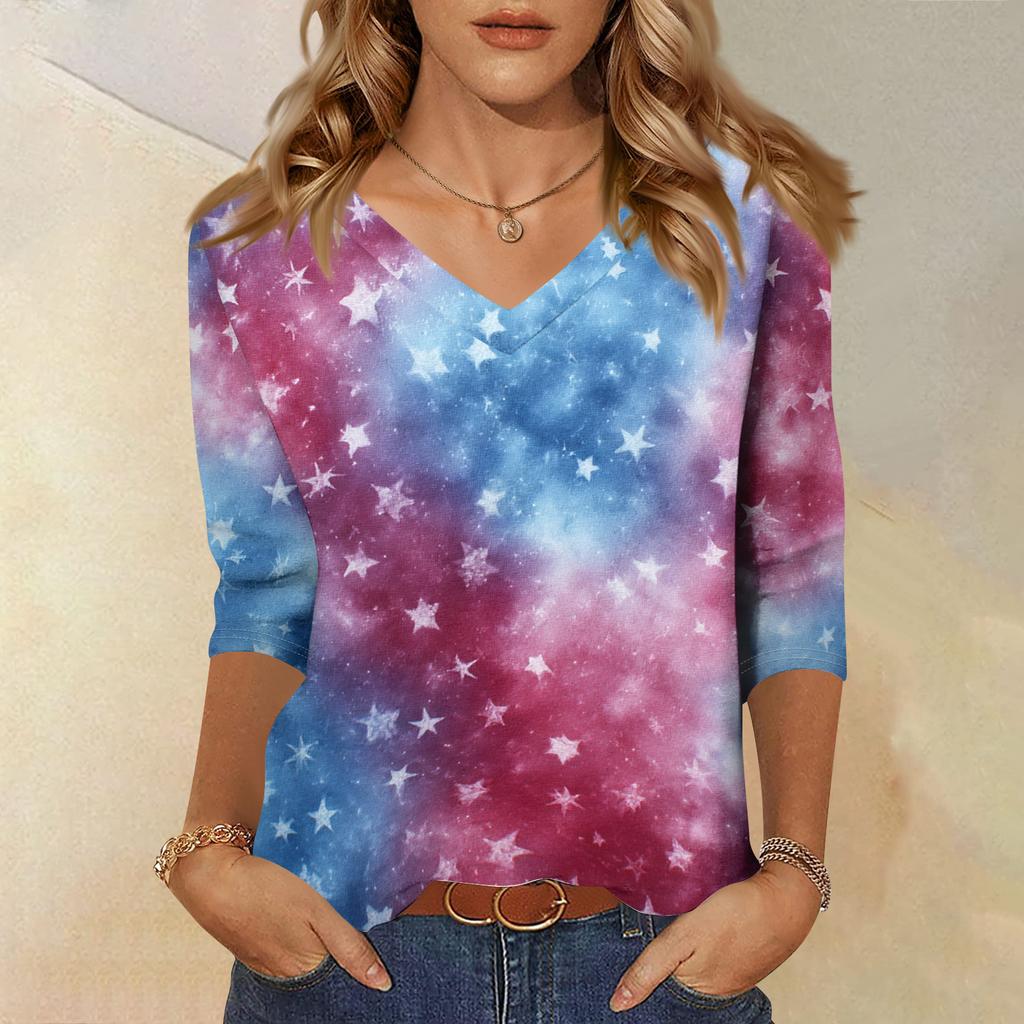 Women's Fashionable Casual Independence Day American Flag and Stars Print V-Neck Three-Quarter Sleeve T-Shirt Top