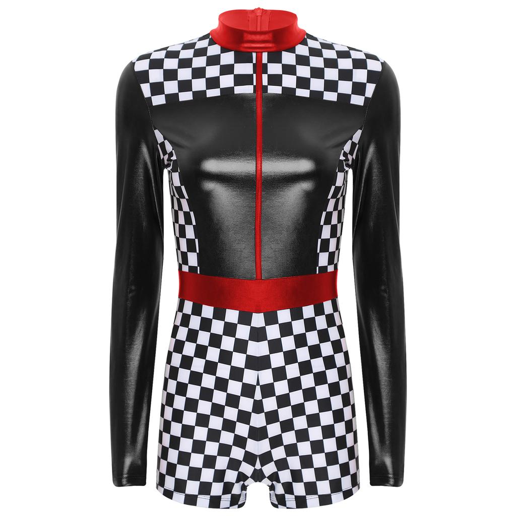 Womens Contrast Racer Romper Long Sleeve Bodysuit Boyshorts Checkerboard Print Driver Jumpsuit Halloween Party Costume