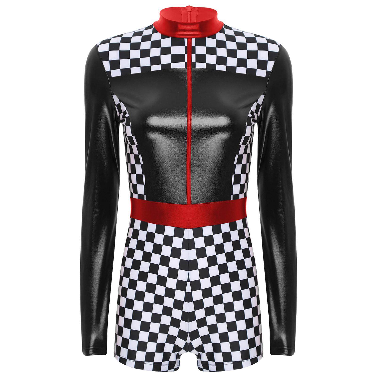 

Womens Contrast Racer Romper Long Sleeve Bodysuit Boyshorts Checkerboard Print Driver Jumpsuit Halloween Party Costume S