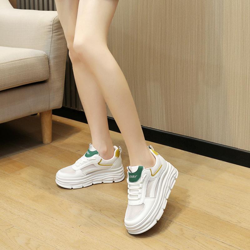 Modne Białe Sneakersy Damskie Lato Sportowe Tenisowe Ukryty Obcas Buty do Biegania Kobieta Komfortowe Treningowe Atletyczne Gruba Podeszwa Trampki Obuwie