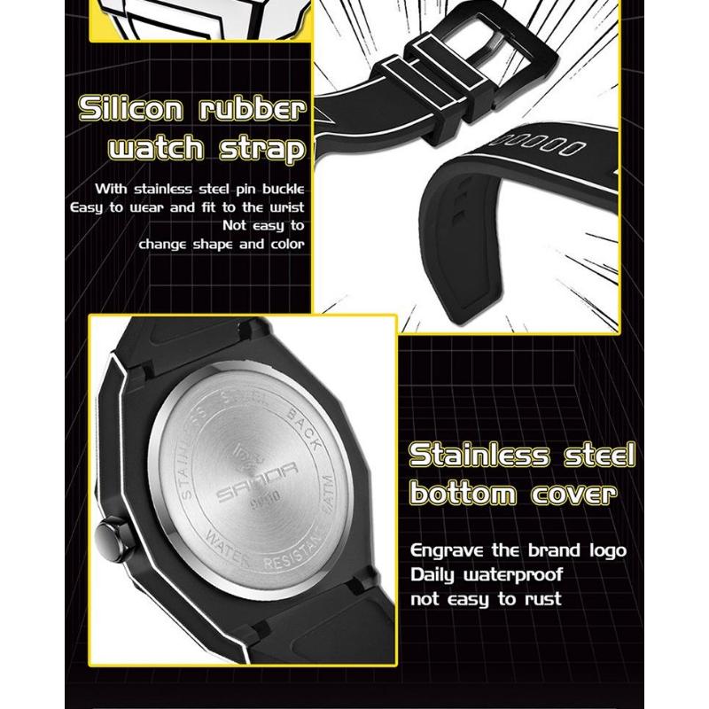 SANDA Fashionable Men's Quartz Watch Waterproof Silicone Strap Unique Scale Calendar Creative Lines Student Watches