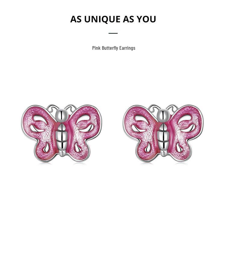 Aifle Sterling Silver S925 Pink Butterfly Earrings with Platinum-Plated Oil-Drop Design
