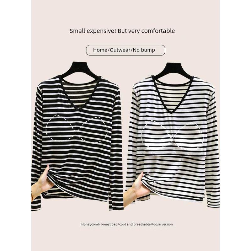 V-neck Modal With Chest Pad T-shirt Women's Spring Inner wear Long sleeve Stripe Bottoming Shirt Thin Casual Plus size Loose Top