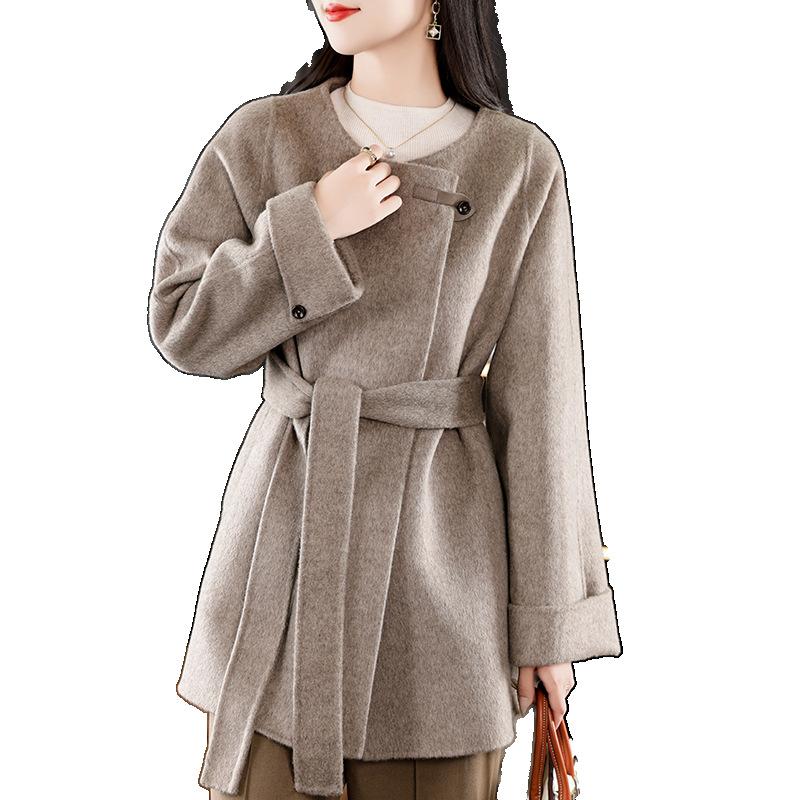 Autumn and winter new double-sided wool coat women's medium temperament loose belt wool coat