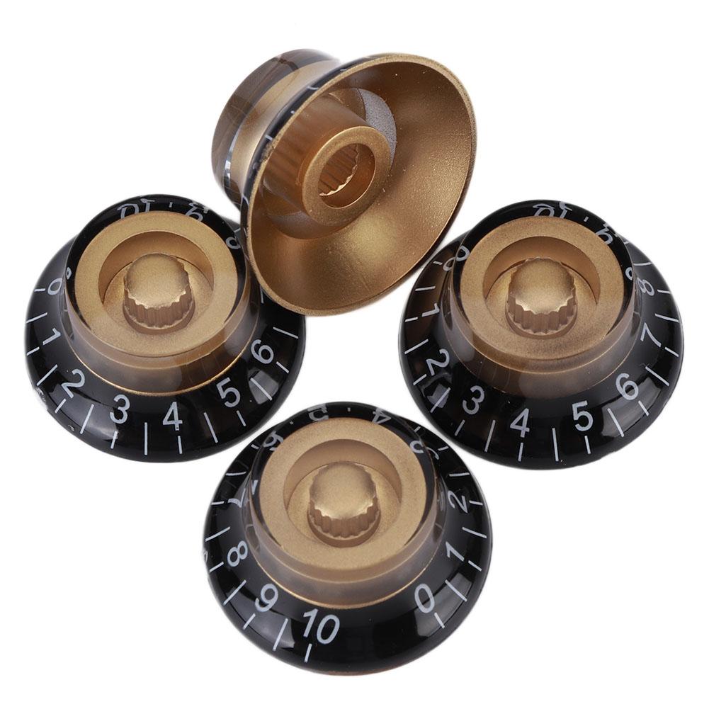 4 Stück Tonreglerknopf Transparent Glocke Lautstärke Musikinstrument Zubehör für Gitarre Bass Gold mit schwarzer Beschriftung