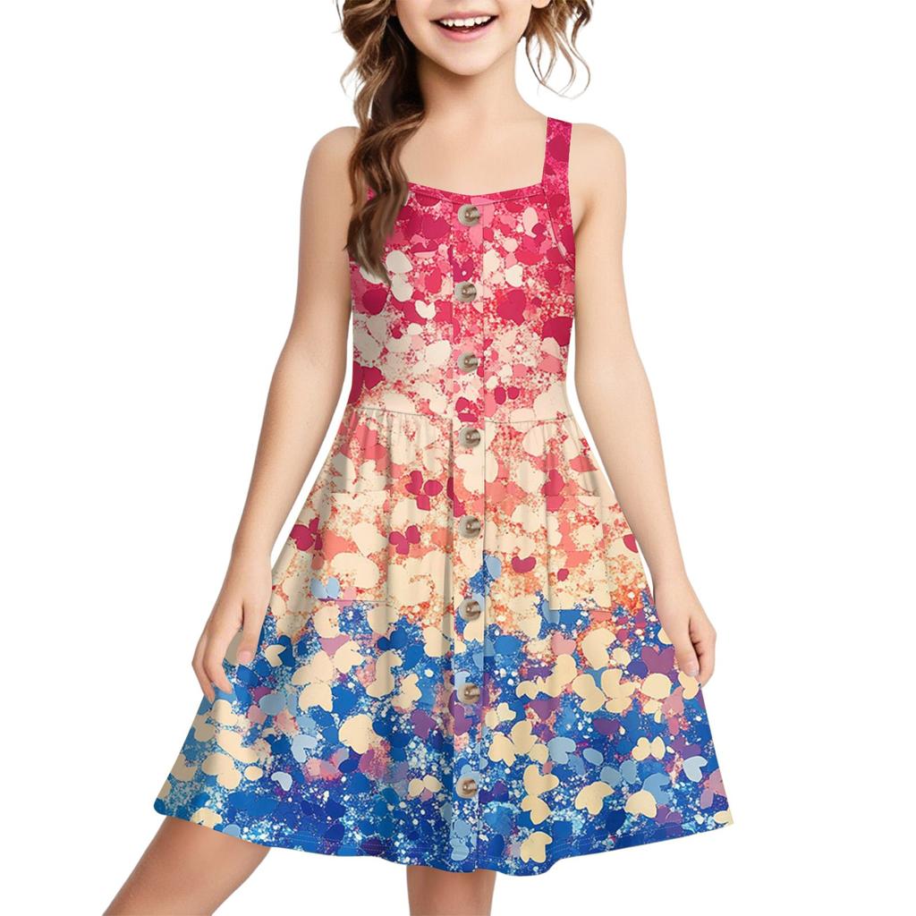 Children's Button-Down, Cuffless Pocket Casual Print Lndependence Day Sundress