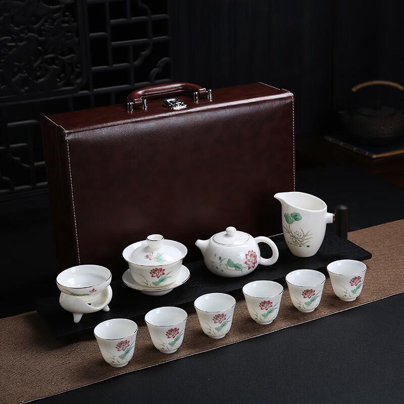 Chaxun Gold-Painted Mutton Fat Jade Porcelain Gaiwan Tea Set