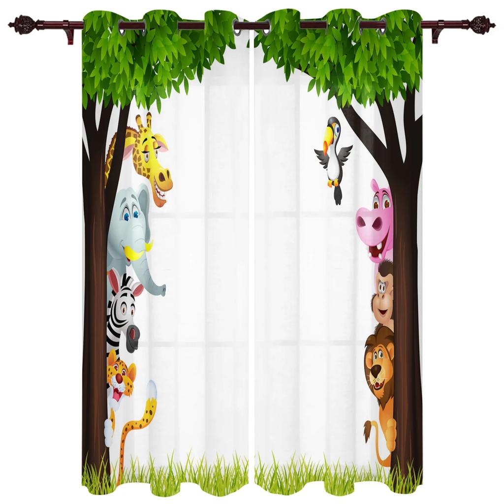 Jungle Forest Cartoon Animal Lion Elephant Curtains Bedroom Living Room Drapes Kitchen Children Window Curtain Home Decor Polyester Ideal For