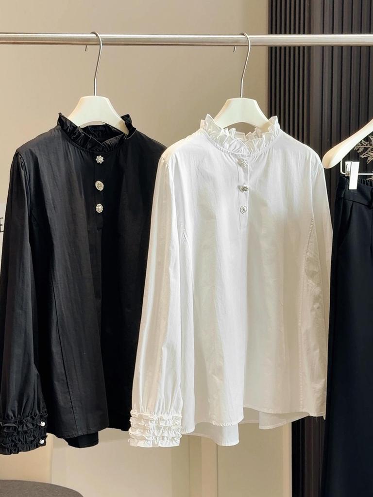 Spring 2026 Women's White Ruffle Stand Collar Loose Shirt
