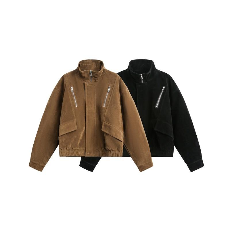 Unisex Suede Fleece Lined Stand Collar Zipper Jacket Streetwear Short Cropped Outerwear Fall
