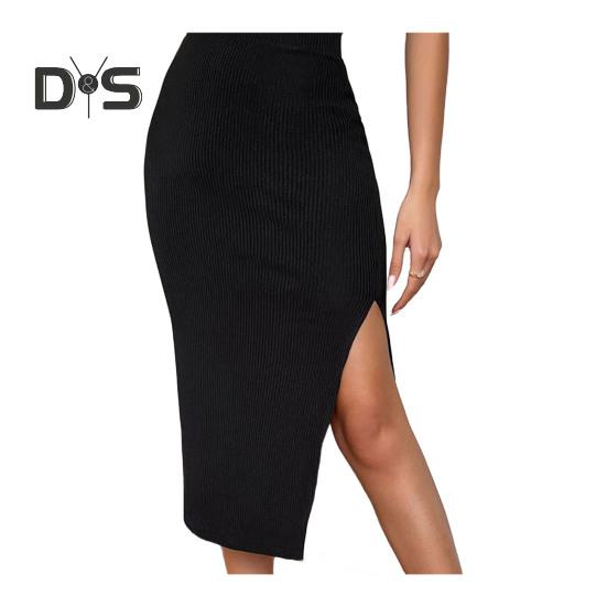 

Женская юбка миди с высокой талией и боковыми разрезами, трикотажная юбка, однотонная, с запахом на бедрах, офисная женская юбка для повседневной носки L чёрный