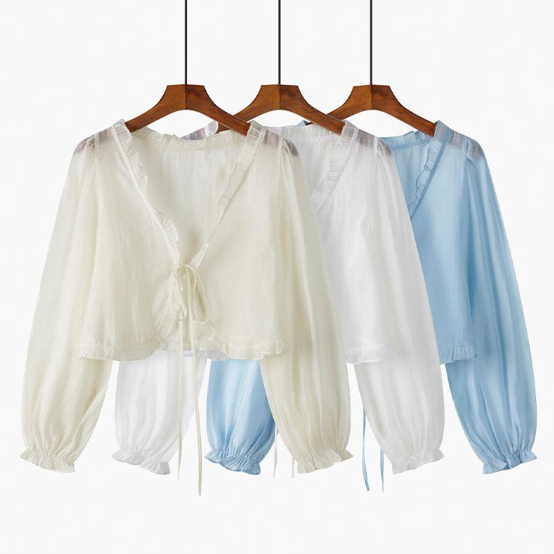 Women Summer Sun Protection Coat Lace Bow Ruffle Cardigan Shirt Female Blouse Tops for Woman Covers Blusa White Y2K