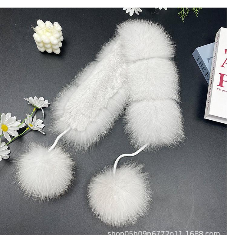 Korean Style Double-Sided Fox & Rabbit Fur Scarf with Pompons for Women
