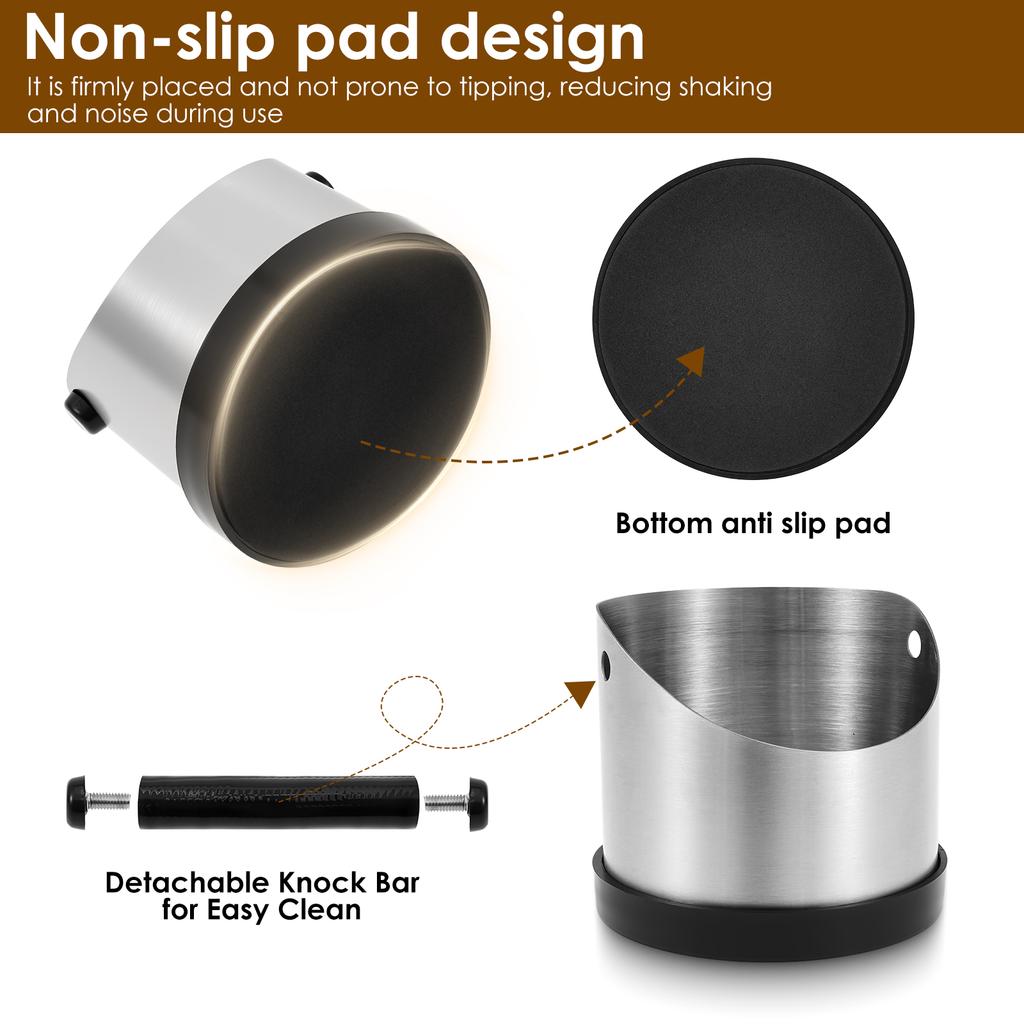 Coffee Ground Knock Box Stainless Steel Espresso Knock Box with Cleaning Brush Non Slip Beveled Coffee Ground Bin