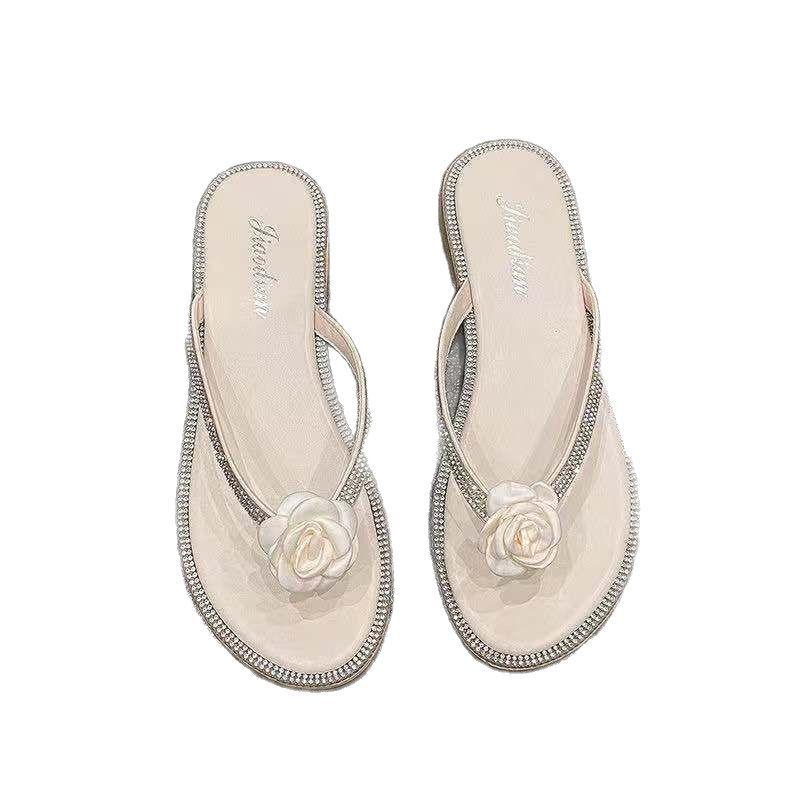 Fashion sweet camellia flower flip flops women crystal beading flat slippers ladies floral slides summer beach shoes thong sandalias