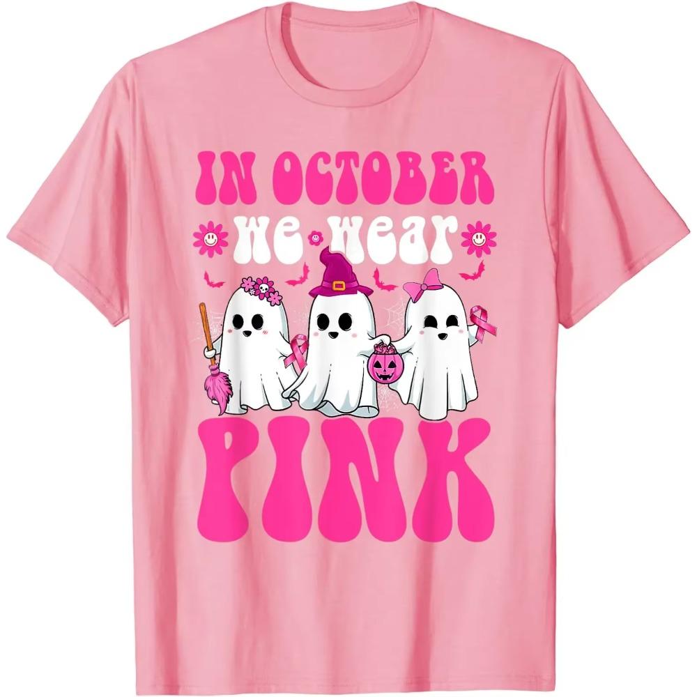 Ghost Wear Pink Breast Cancer Warrior Funny Ghost Halloween T-Shirt for Women Casual  Daily Four Seasons Tees Graphic