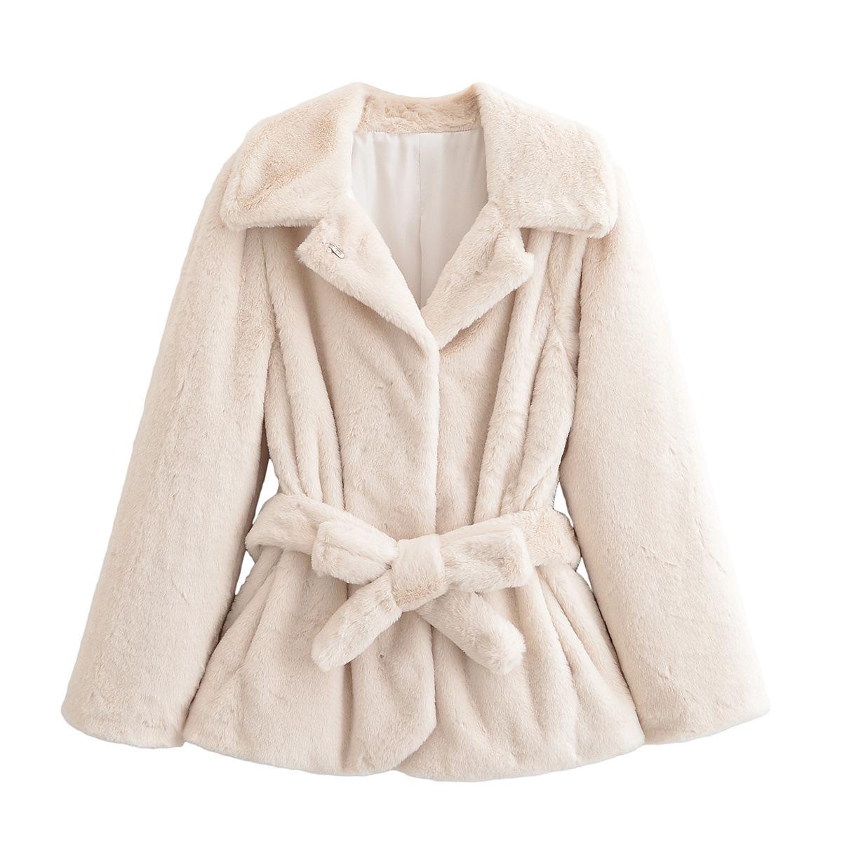 

Autumn new women s clothing fashion versatile with belt artificial fur coat coat women L слонова кістка