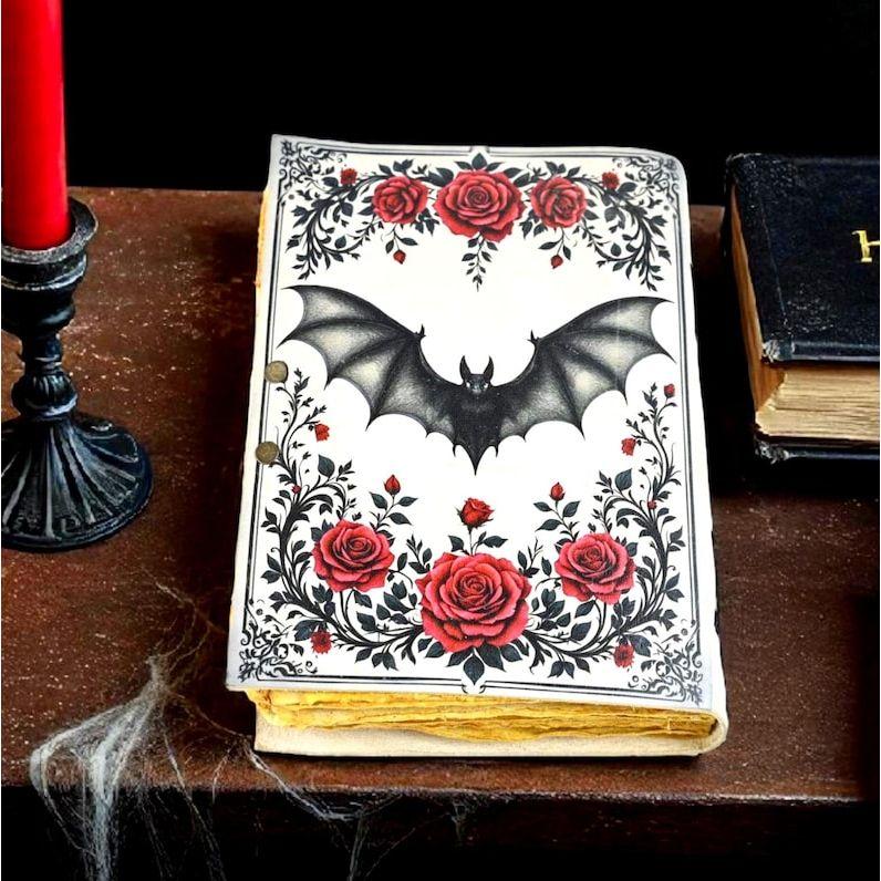 Vampire Bat Grimoire Journal – Gothic Roses Witchy Spell Book | Handmade Leather Book of Shadows