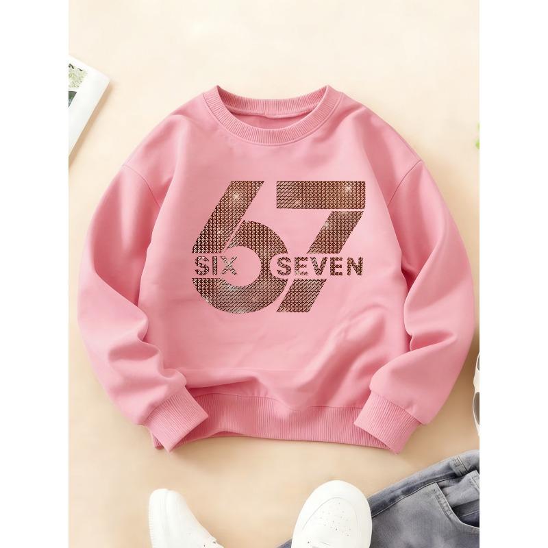 Kids Unisex Crewneck Sweatshirt, Rose Gold Glitter Mesh Texture Number 67 With Text "SIX SEVEN" Print Black Soft Fleece Pullover For 7th Birthday