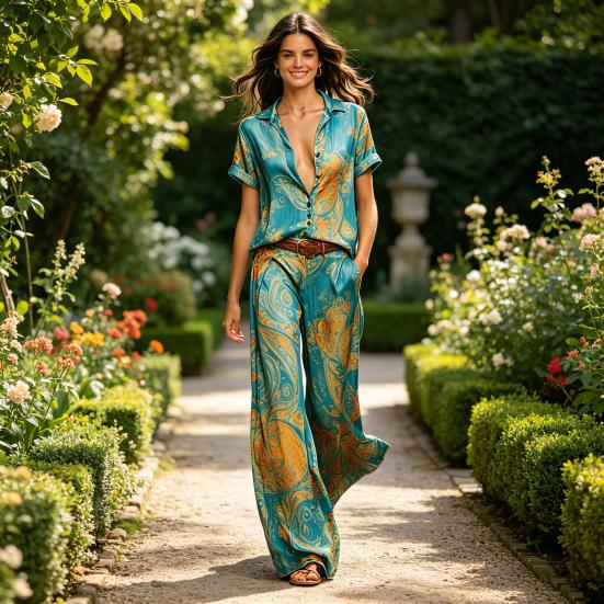 2-teilige Sets für Damen, Lässiges kurzärmeliges Hemd mit Knöpfen und Wide-Leg-Hosen-Kombinationen, Sommerliche bedruckte Urlaubs-Outfits