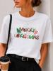 (Asian Size) plaid letter Merry Christmas Fashion Short Sleeve T-shirts Women's Top O-neck T Shirt Print Casual New Year Clothing Graphic Tee