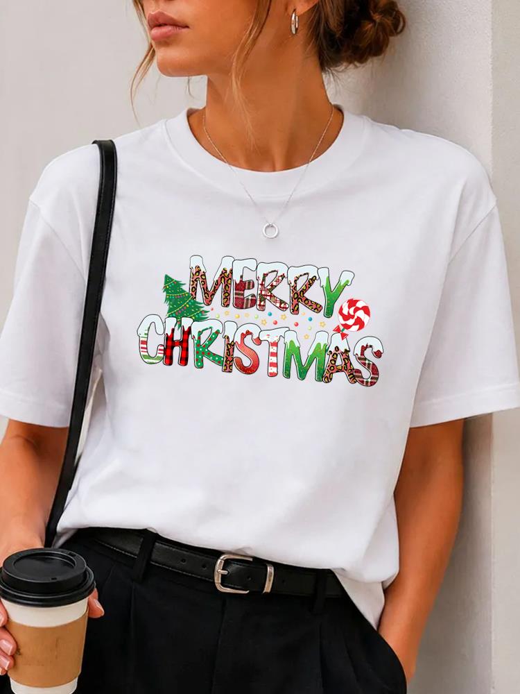(Asian Size) plaid letter Merry Christmas Fashion Short Sleeve T-shirts Women's Top O-neck T Shirt Print Casual New Year Clothing Graphic Tee