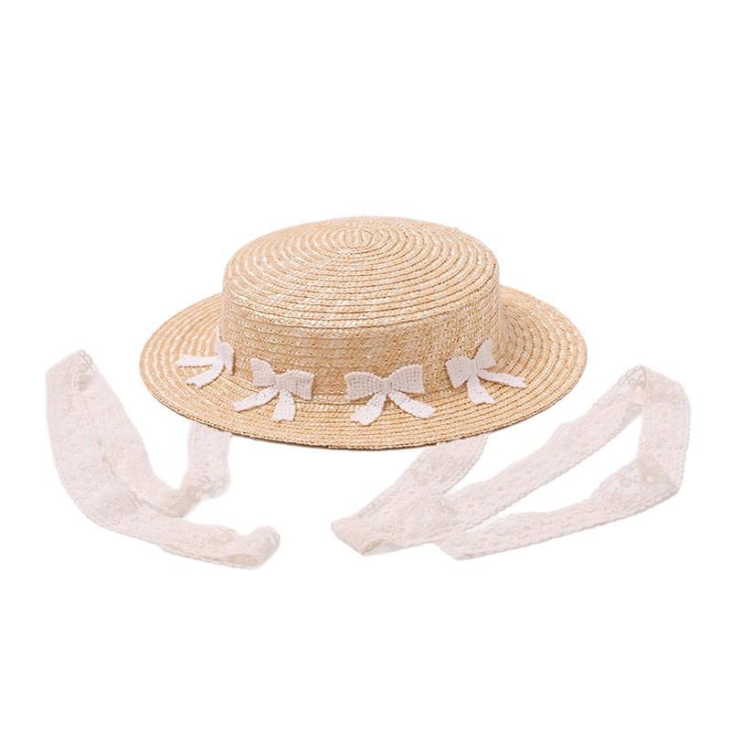 French Bow Decorative Flat Top Straw Hat Summer Holiday Straw Grass Big Edge Hat Women's Seaside Beach Sun Hat