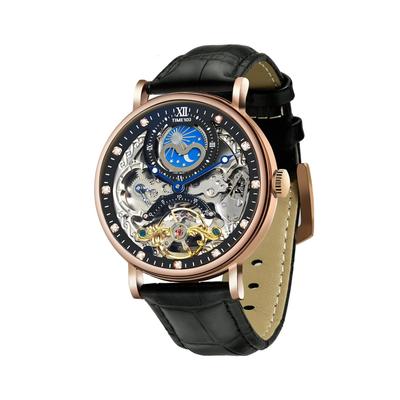 TIME100 Luxus Automatikuhr Skelett mit Edelstahl und Echtleder 50M Wasserdichtigkeit Herrenarmband, (Rosmarin Gold)