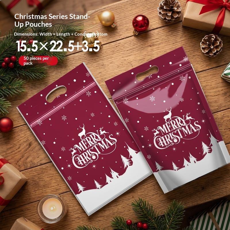 50Pcs Resealable Christmas Resealable Bags Christmas Plastic Sealing Bags With Handles For Xmas Holiday Party Candy