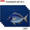 4/6, 2D Flat Fish Pattern Embroidery Pattern Style Placemat, Blue Linen Table Mat, Modern Art, Suitable for Kitchen Dining Table Decoration, Holiday D