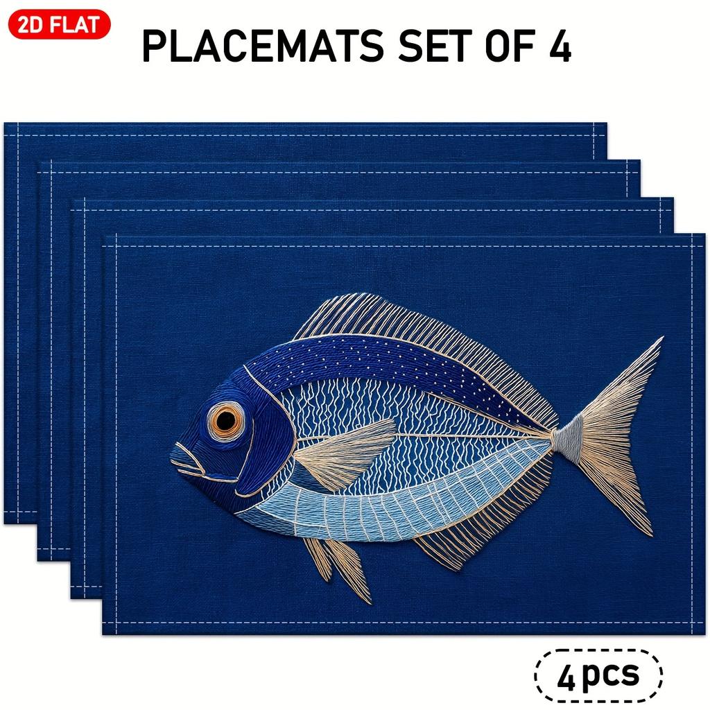 4/6, 2D Flat Fish Pattern Embroidery Pattern Style Placemat, Blue Linen Table Mat, Modern Art, Suitable for Kitchen Dining Table Decoration, Holiday D
