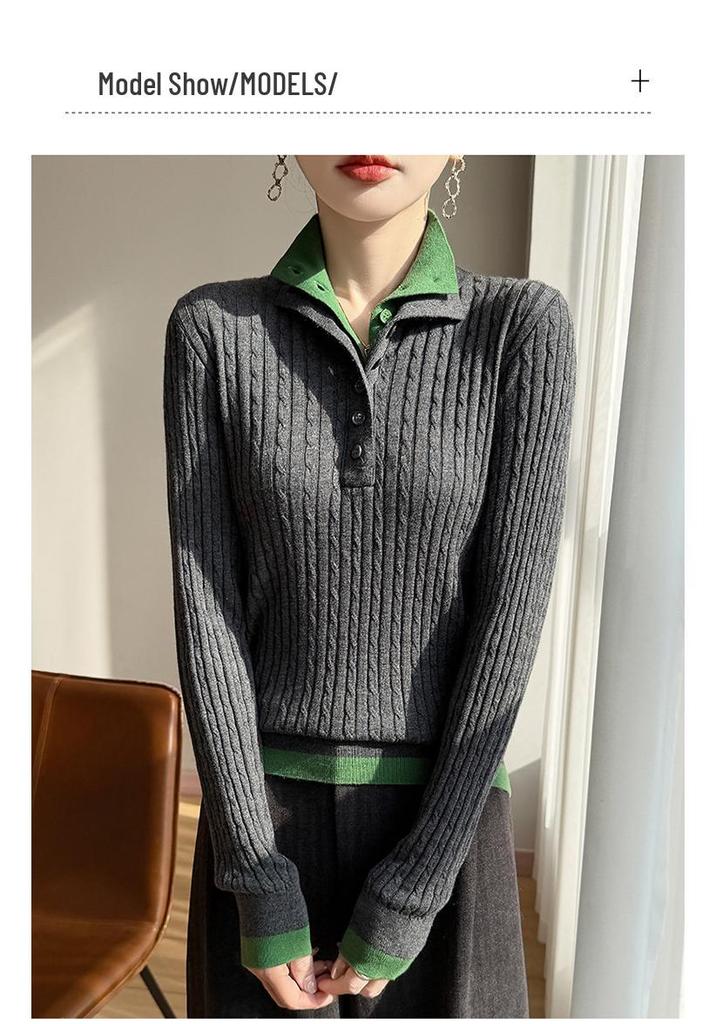 Half-Open Stand Collar Contrast Faux Two-Piece Slim Fit 60s Merino Wool Cable Knit Sweater