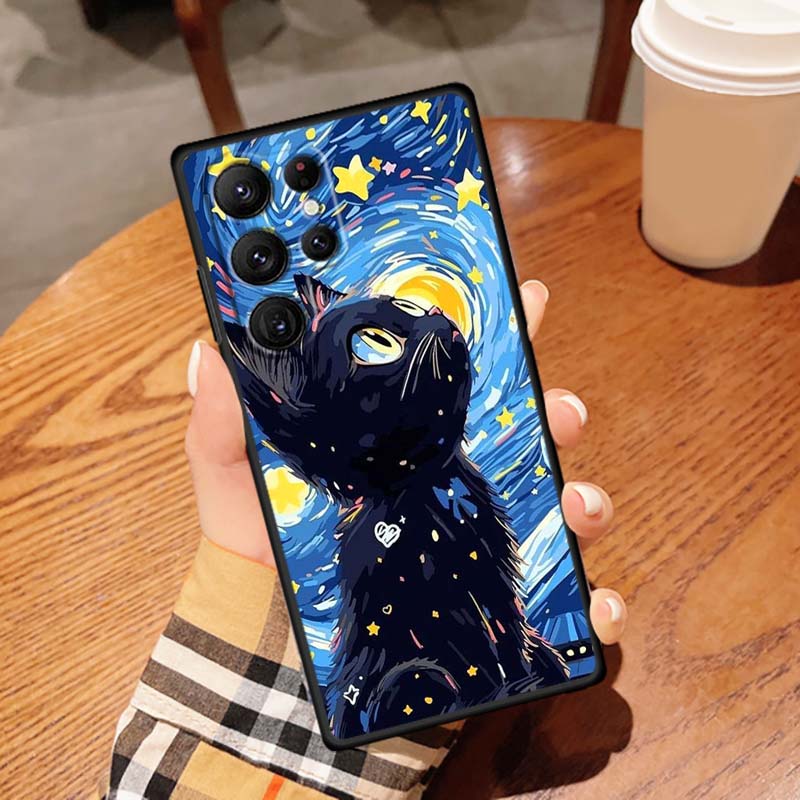 Cute cartoon cat illustration Phone Case For Samsung Galaxy S26 S25 S24 S23 S22 S21 S20 Ultra Plus FE 5G Black Soft TPU