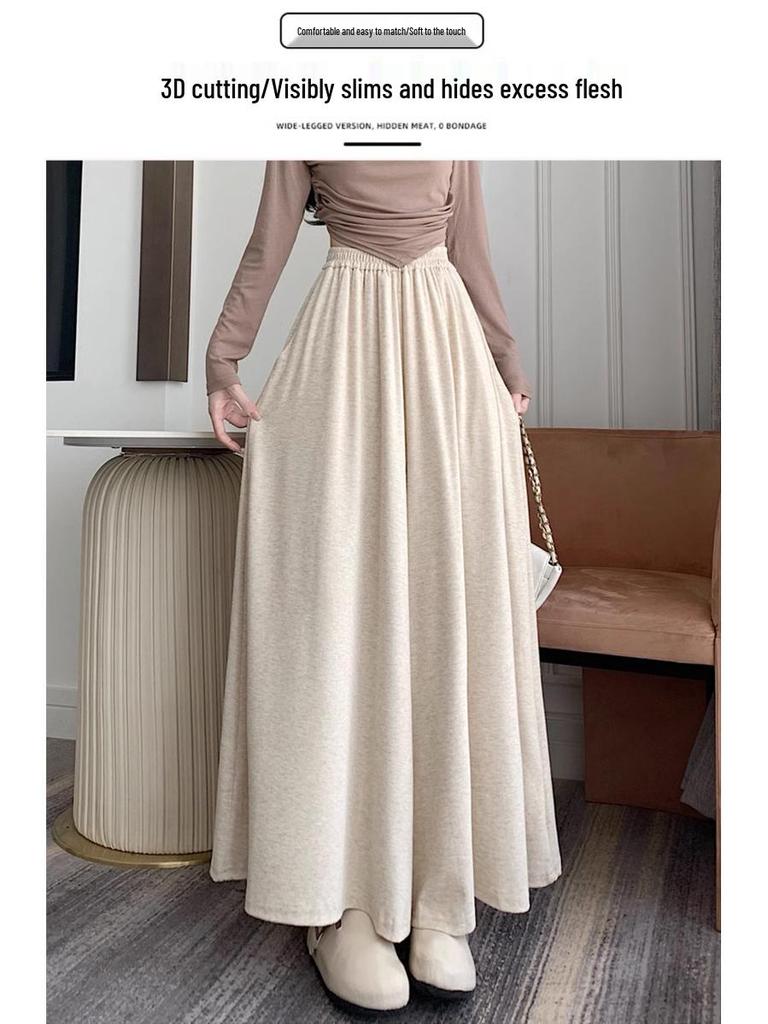 Women's High-Waist A-Line Culottes: Autumn/Winter, Loose, Slimming, Versatile, Lazy Style, Glutinous Rice