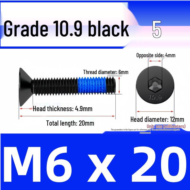 Black Anti-Slip Flat Cup Screw with Adhesive Blue Glue, Countersunk Hexagon Socket, Available in M2-M8 Sizes