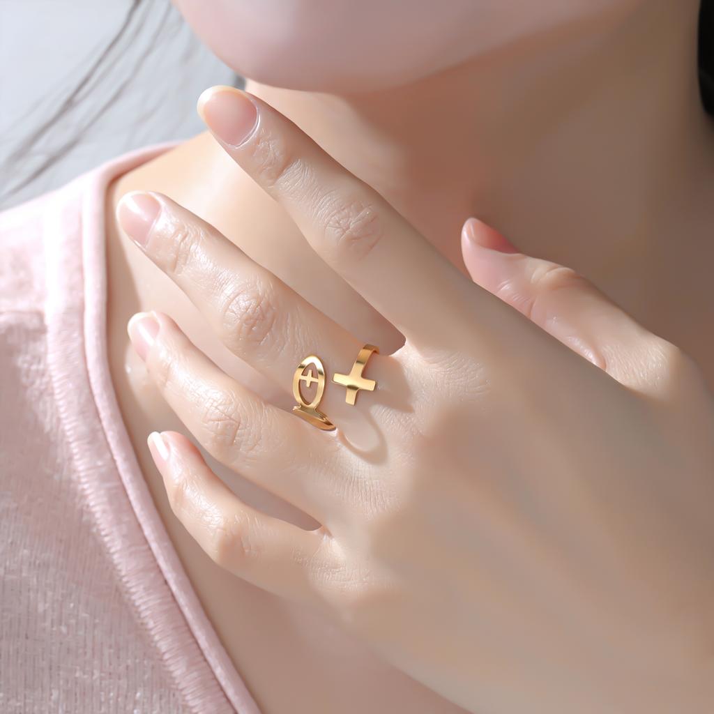 Jesus Fish Cross Open Rings for Women Stainless Steel Christian Adjustable Finger Rings Jewelry Birthday Protection Gift