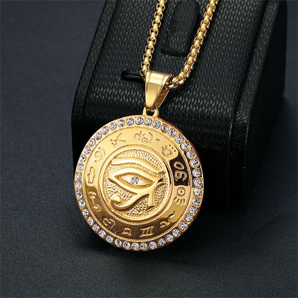 Ancient Egypt The Eye of Horus Pendant Gold Male Color Stainless Steel Zircon Round Necklace for Men Egyptian Jewelry Gift