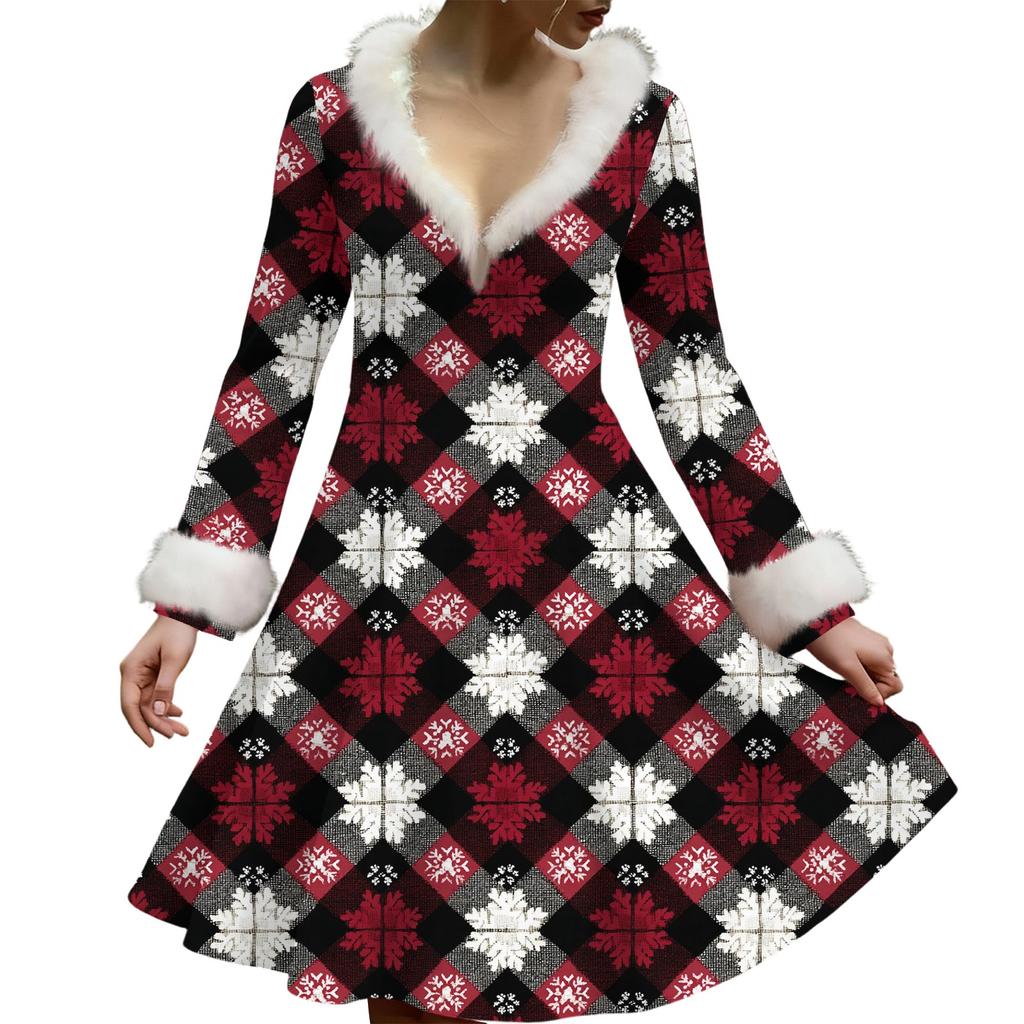 Damska codzienna sukienka z dekoltem w serek, z pluszowym nadrukiem świątecznym i długim rękawem