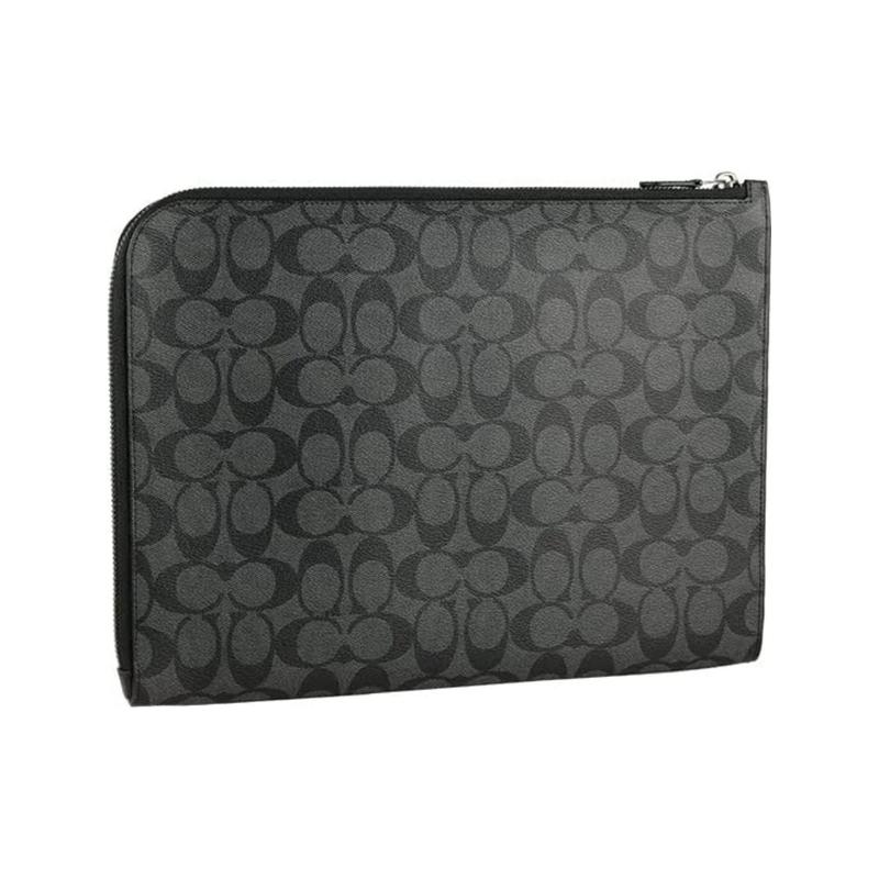 Coach L-Zip 33 Presbyopia Coated Canvas and Calfskin Computer Bag Briefcase Zipper Folder Bag Clutch Men's Charcoal Black
