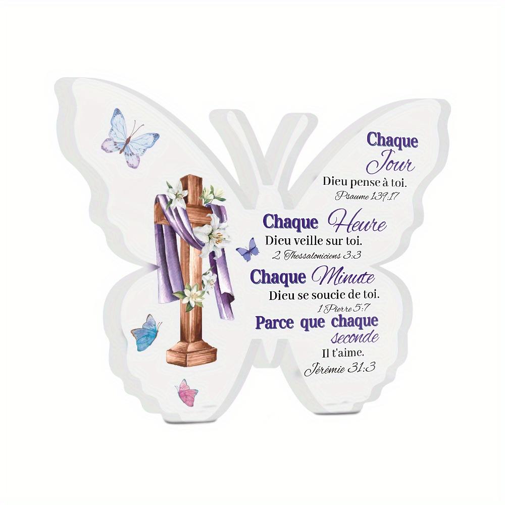 French Butterfly-Shaped Acrylic Sign with 'Every Day God Thinks of You' Psalm 139:17 - Purple & Blue Floral Design, Contemporary Farmhouse Decor